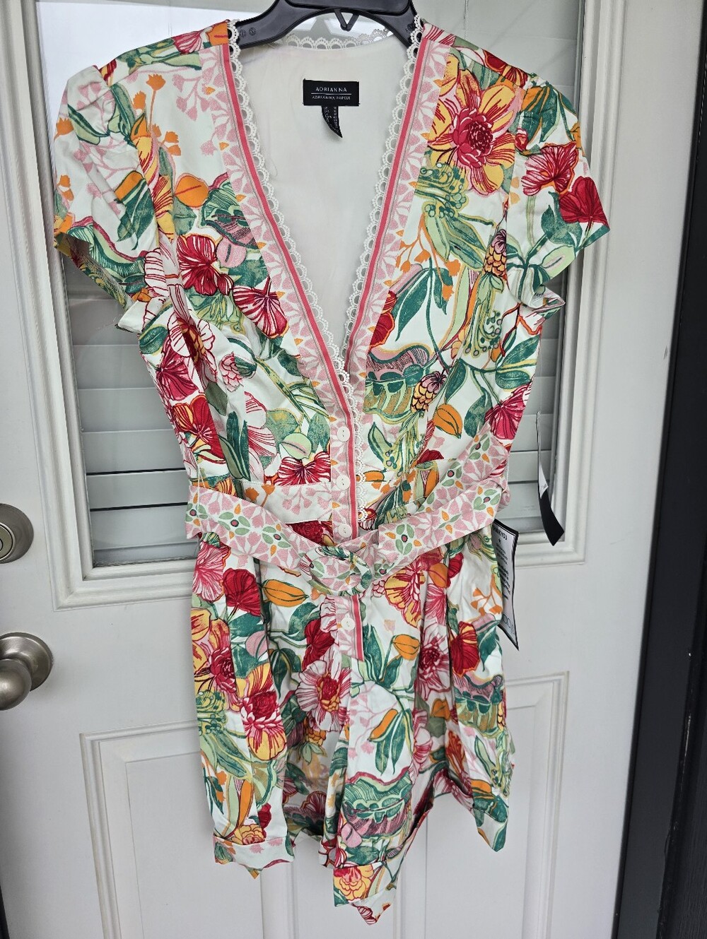 Adrianna Papell Women Floral Printed Romper Sz 10 Pink Green Lace Trim Belted - Picture 5 of 15